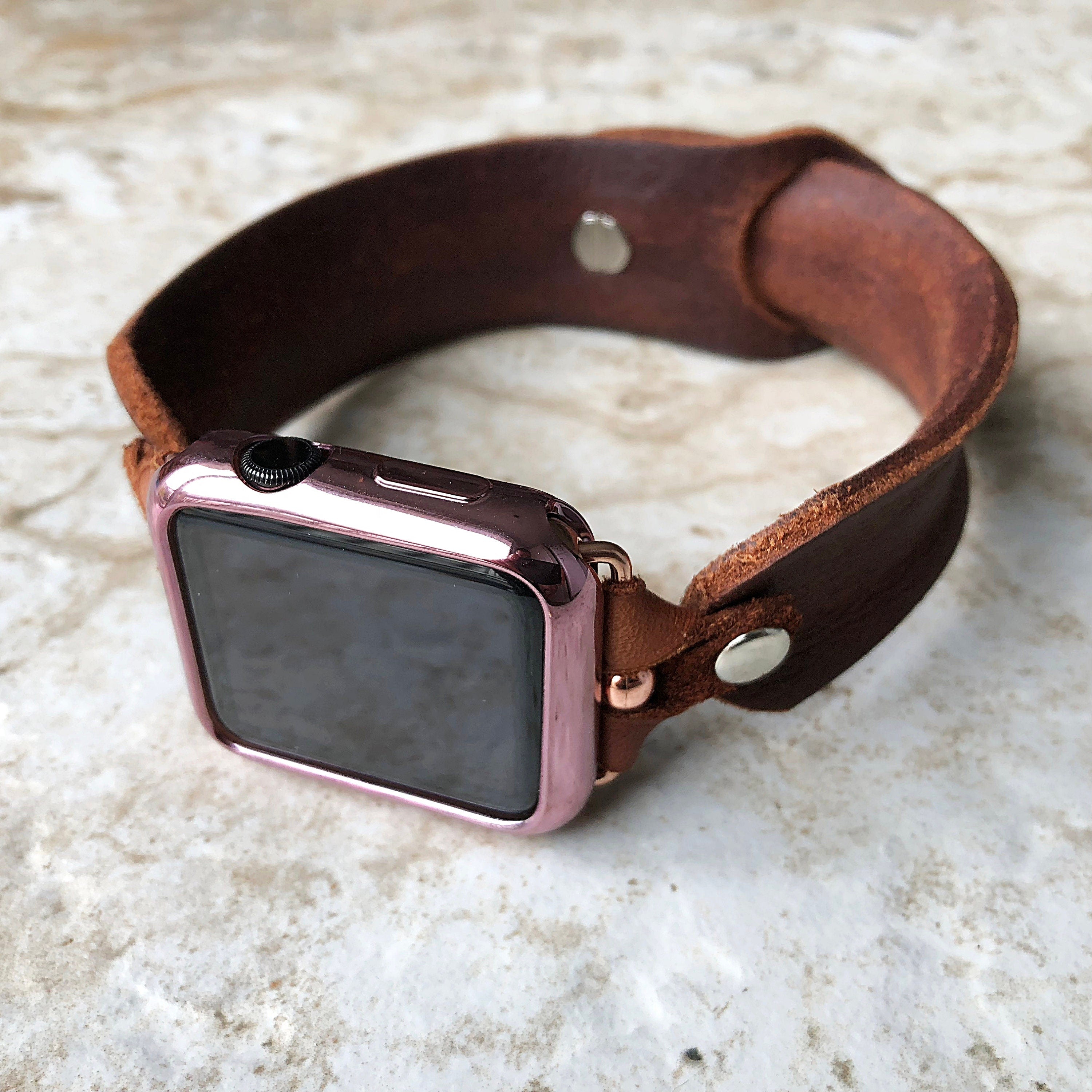 Apple Watch Ultra 2 49mm and 9 8 Series 41mm 45mm Brown Distressed Genuine Leather Band Strap Handmade Bracelet Rose Gold Stainless Steel
